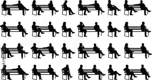 People silhouettes sitting on park bench set, black vector illustration pattern, couples waiting resting outdoor urban lifestyle concept design 