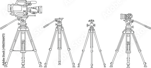 Professional video camera tripod setup, empty tripod stand, compact tripod with ball head, digital camera on tripod, photography gear comparison