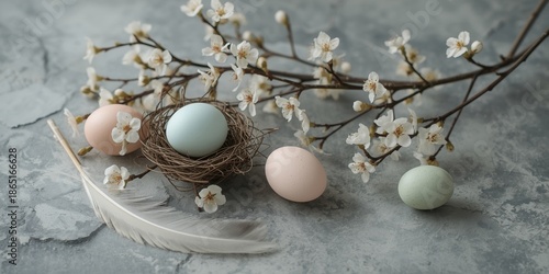 Serene Easter Eggs in Bird's Nest with Blossoming Branches on Gray Marble Background - Soft Pastel Colors