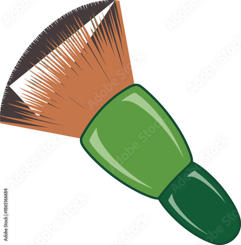 A green and brown paintbrush with bristles and a handle against a white background