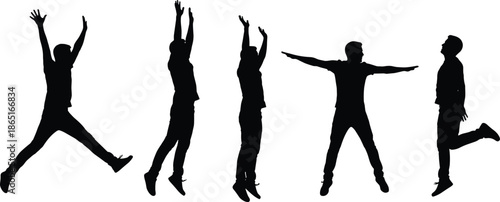 Men silhouettes jumping and stretching with raised arms, fitness exercise, freedom, energy, success, active lifestyle, healthy movement concept illustration