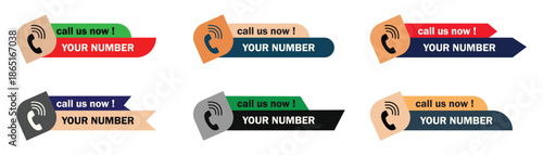 Call us now button sign and symbol vector icons. Defferent color vector illustration template. Phone with call number contact details. Vector illustration.