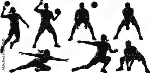 Volleyball Player Vector Silhouette Set Featuring Athletes Serving Spiking Passing And Diving Poses For Team Sports Competition And Athletic Design