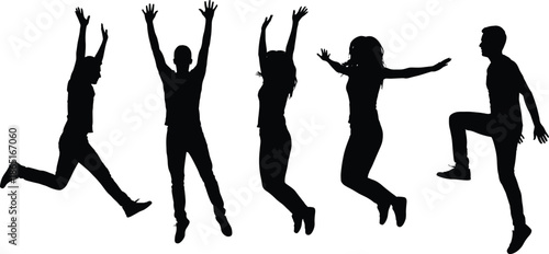People silhouettes jumping with raised hands, happiness, freedom, success, celebration, energy, active lifestyle, joyful movement concept illustration isolated