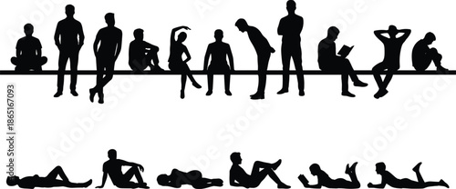 People silhouettes sitting, standing, and relaxing in various poses, casual lifestyle, waiting, reading, leisure activities illustration isolated on white