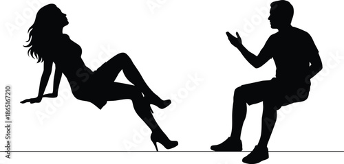 Silhouette man and woman having intimate conversation, modern relationship concept, communication, dating, psychology, body language illustration isolated on white background