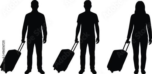 Travelers silhouettes with rolling suitcases standing together, tourism, journey, transportation, airport travel concept, male and female passengers illustration isolated