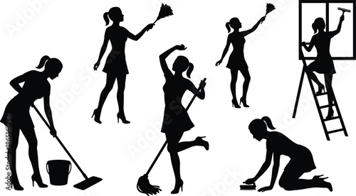 Woman silhouettes cleaning house in different poses, household chores, domestic work, cleaning service, home maintenance concept illustration isolated