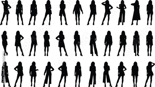 Silhouette, fashion, standing pose, diverse clothing, character modeling, posture, black figure, dress, skirt, pants, top, style, design, apparel, human form, body language, fashion template