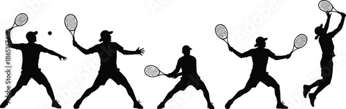 Tennis player silhouette, racket action, dynamic movement, sports pose, athletic jump, competitive game, black figure, blue racket, isolated background, motion capture