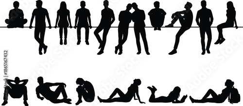 Young people silhouettes sitting and relaxing together, casual lifestyle, friendship, leisure poses, modern youth culture illustration isolated on white