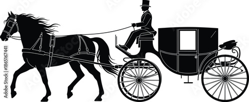 Vintage, horse, carriage, silhouette, coachman, reins, wheels, transportation, 19th-century, travel, elegant, historical, retro, black, blue, outline, classic, passenger, top hat, motion