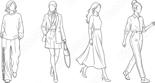 Women fashion illustration, casual outfit, formal wear, elegant style, professional attire, line drawing, stylish clothing, trendy looks, female wardrobe, modern apparel