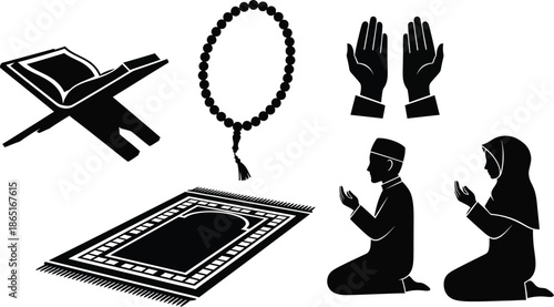  Islamic prayer symbols, , Koran, Misbaha, Tasbih, or Tasbeeh bead, mat, praying hands, man and woman kneeling and praying to Allah silhouette