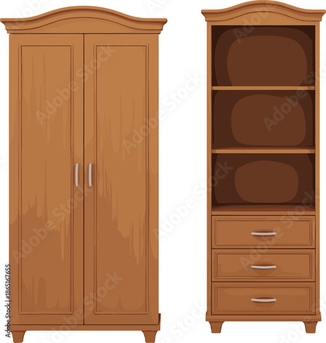 Wooden wardrobe, shelving unit, bedroom furniture, storage drawers, curved top, silver handles, interior decor, classic design, home organization, vintage style