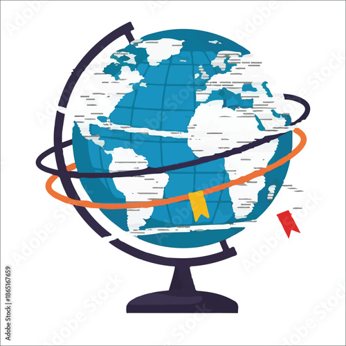 Colorful globe with stand and orbiting rings and ribbon world earth