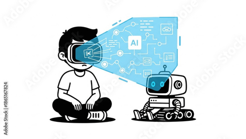 Young man listening to music while working on a laptop vector illustration