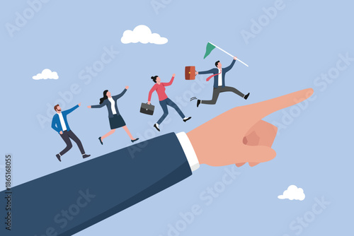 Leadership to lead team members, businessman leader holding winner flag running lead business people on pointing finger, teamwork to success in work, business direction to achieve goal or target.