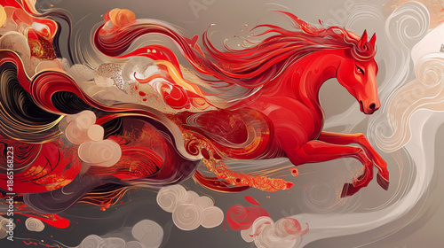 The red horse on a grey background. Modern illustration mimicking the look of digital silk painting. Lunar New Year symbolism.