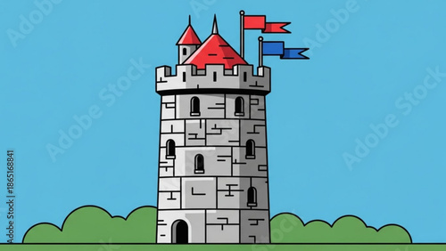A cartoon illustration of a medieval stone tower with red roof and flags on a blue sky background with green grass