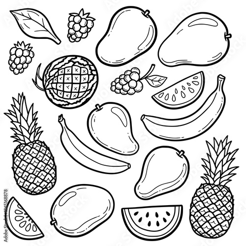 Playful abstract tropical fruit doodle vector set with bold hand drawn line style