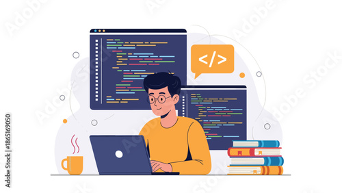 Software developer man coding on laptop computer vector illustration