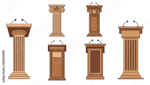 Collection of wooden podiums and lecterns with microphones