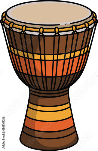 Djembe drum, African percussion instrument, traditional music art, colorful illustration, cultural heritage design, rhythmic sound, festival decor, ethnic artwork