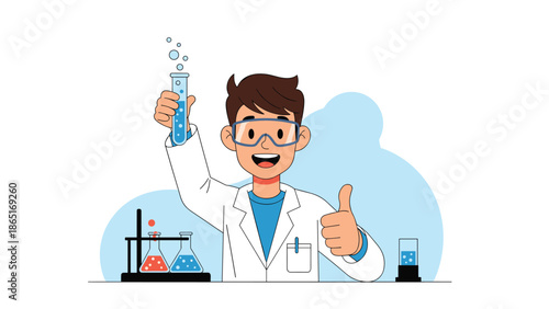 Scientist boy in lab coat holding test tube and giving thumb up