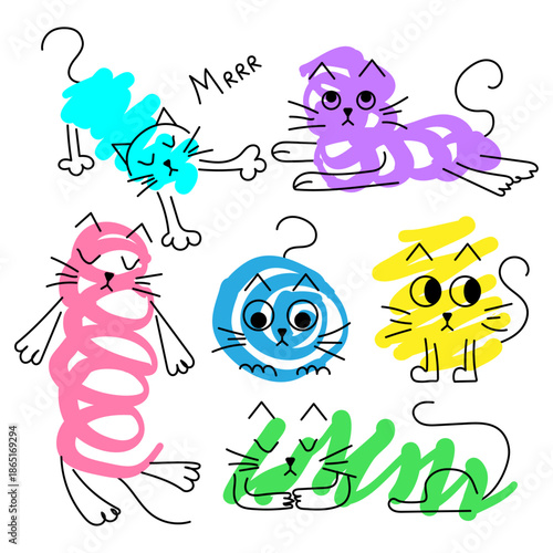 A set of humorous cats drawn in crooked scribbles with colored marker pens of various shapes. Vector illustration.