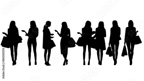 Group of stylish female silhouettes enjoying a successful shopping day with various bags