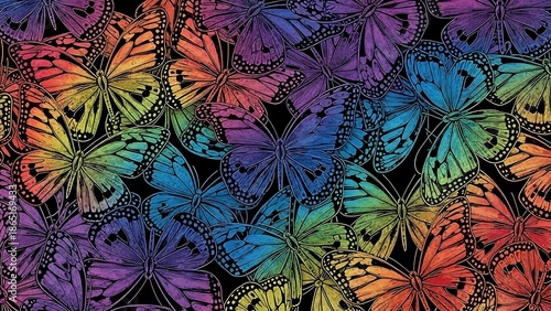 Seamless rainbow butterfly pattern on dark background