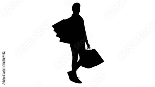 A stylish woman's silhouette walking with numerous shopping bags after a successful spree