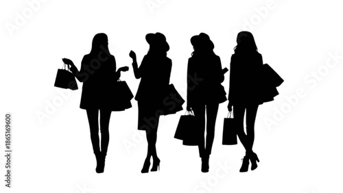 Fashionable women silhouettes enjoying a successful shopping spree with multiple bags