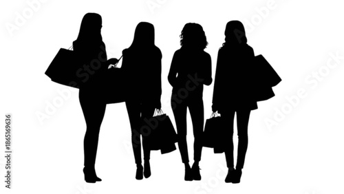 Five friends with shopping bags on a white background.