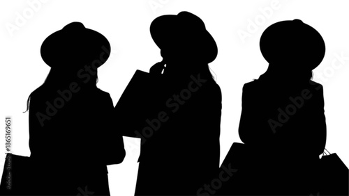 Three fashionable women with shopping bags pose against a neutral background.