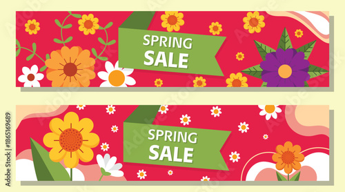 Spring sale floral banners with green label on bright red blooming background