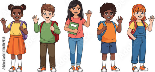 Happy school children cartoon illustration set showing diverse boys and girls with backpacks waving, perfect for education, learning, and kids design projects