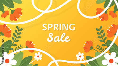 Spring sale banner with orange flowers and green leaves on sunny yellow background