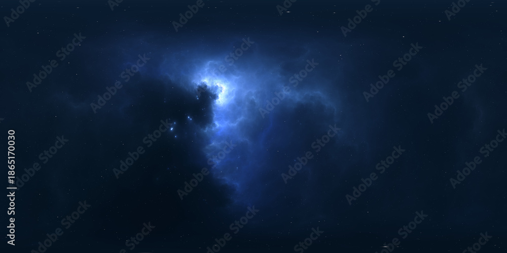 Fototapeta premium 360 degree space nebula. Giant interstellar cloud with stars, equirectangular projection, environment map. Spherical panorama. 3D rendering, Fractal image