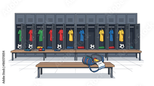Vibrant soccer locker room interior featuring a long row of open lockers, wooden benches, and footballs ready for game day.
