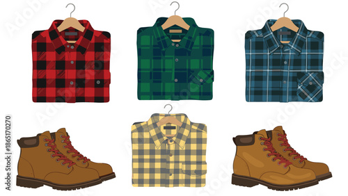 Assortment of classic plaid flannel shirts in red, green, and yellow on hangers and folded, paired with sturdy brown work boots.