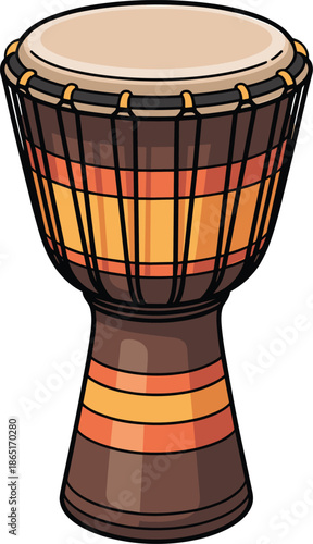 African djembe drum illustration isolated on white background, traditional percussion musical instrument for culture, rhythm, festival, world music design