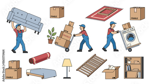 Professional movers in blue uniforms diligently transporting a sofa, boxes, and various household items with hand trucks for relocation.