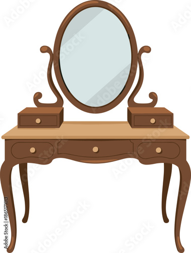 Vintage vanity table, wooden furniture, oval mirror, antique drawers, bedroom decor, dressing table, elegant design, classic style, ornate supports, interior