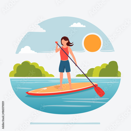 Woman enjoying peaceful paddleboarding on serene lake