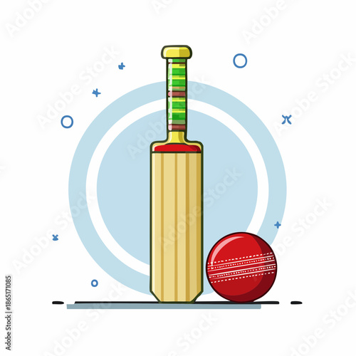 Cricket bat and ball on blue background