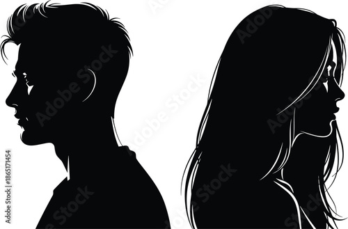 Male and female profile silhouettes facing opposite directions symbolizing relationship conflict, emotional distance, and contrast isolated on white background