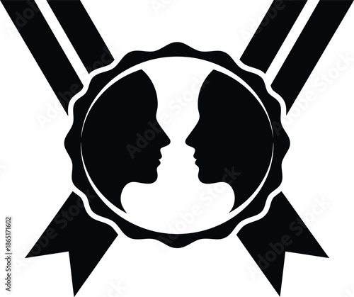Silhouette of two faces inside rosette ribbon badge agreement concept