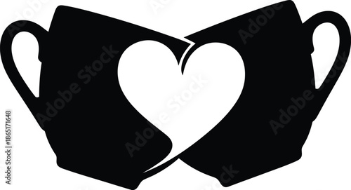 Silhouette of two coffee cups forming heart shape love concept
